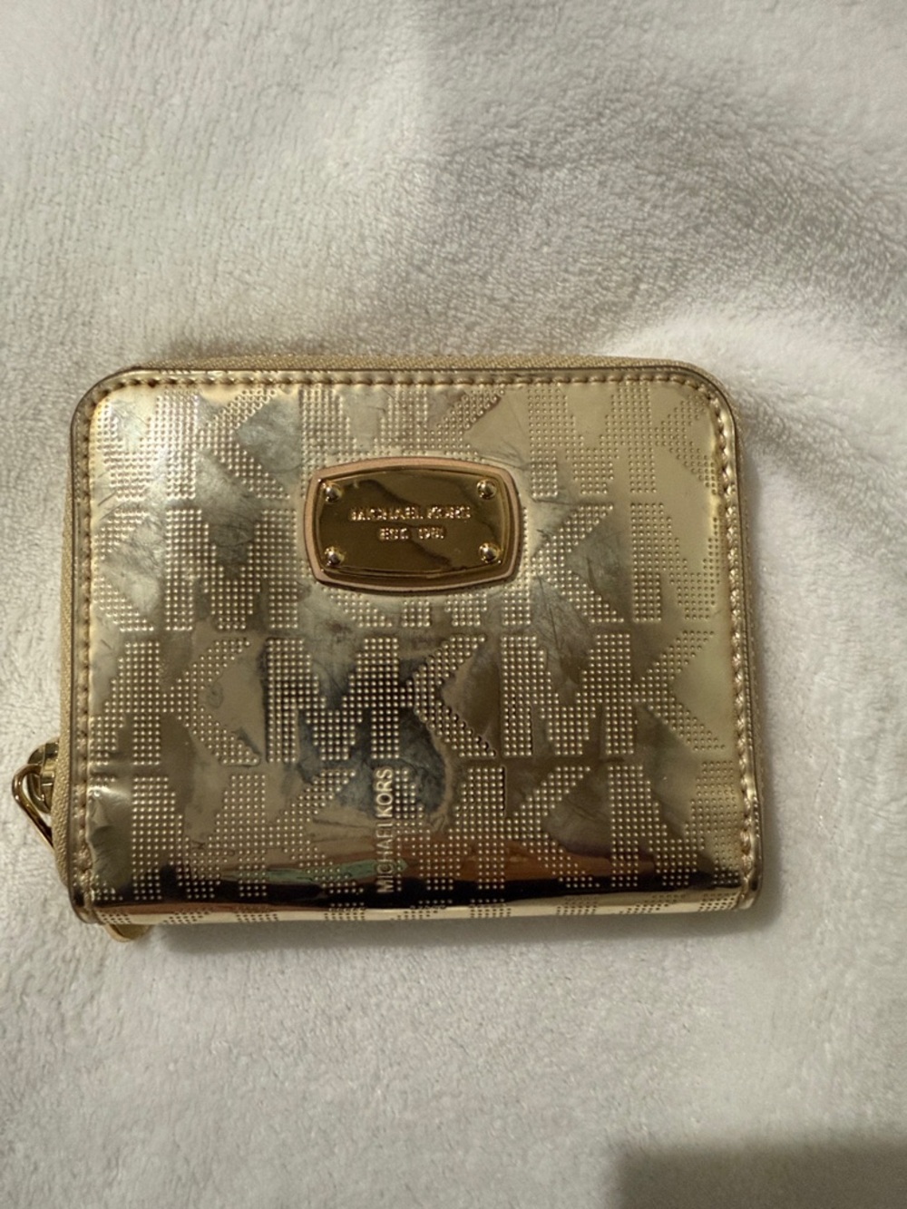 Michael Kors Shiny Gold MK Logo Zip Around Wallet